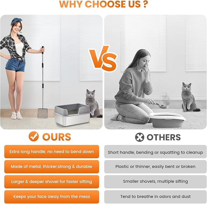 PETOCAT Cat Litter Scoop 43 inch Metal Litter Scooper with Stainless Steel Long Handle, Upgraded Large Kitty Box Scooper Heavy Duty Deep Shovel for Fast Sifting, Dog Waste Scooops for Outside Pet Poop