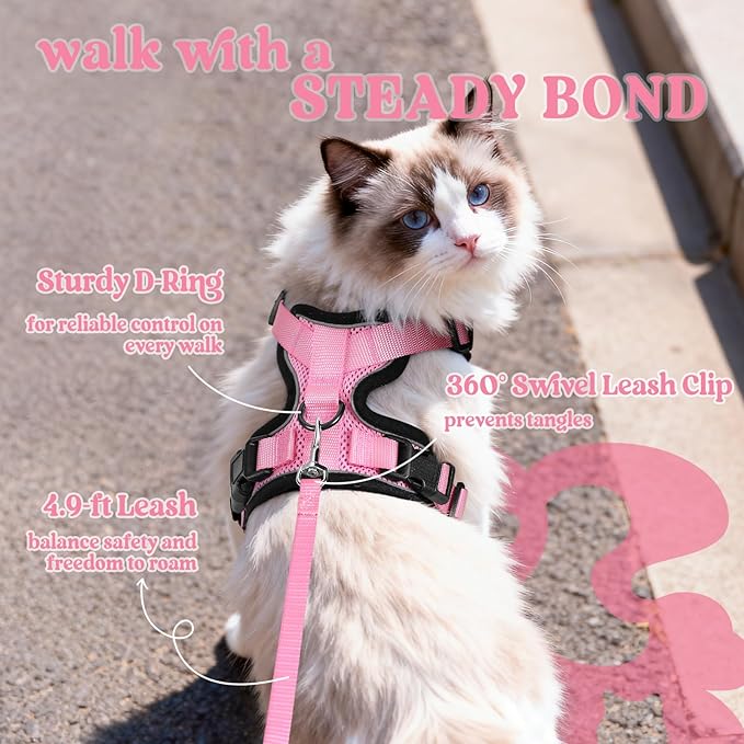 rabbitgoo Cat Harness and Leash Set, Escape Proof Kitten Harness for Safe Outdoor Walks, Soft Breathable Adjustable Vest with Reflective Strips for Kittens and Extra Small Cats, Pink, XXS
