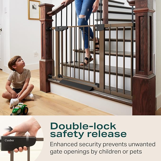 Cumbor 30-46" Baby Gate for Stairs, Mom's Choice Awards Winner-Auto Close Dog Gate for the House, Easy Install Pressure Mounted Pet Gates for Doorways, Easy Walk Thru Wide Safety Gate for Dog, Brown