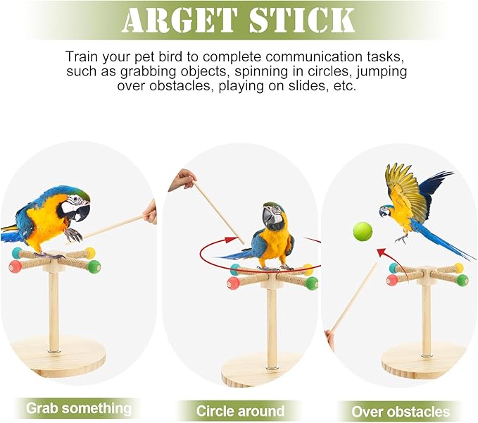 3 Pcs Bird Training Stand Kit, Parrot Training Clicker Portable Tabletop Bird Perch and Target Stick, Wooden Spin Perch Clickers with Wrist Strap for Parakeet Conure Lovebird Cockatiel (Spin)