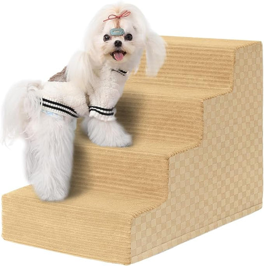 Vfrog Dog Stairs for Small Dogs,17.5" H,4-Step Dog Steps Ramp for Bed and Couch with High Density Foam,Non-Slip Pet Steps for Dogs and Cats,Pet Stairs with a Washable Cover,Khaki