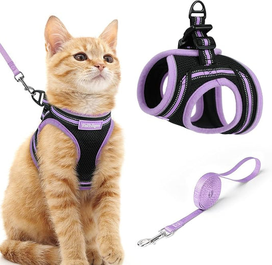 rabbitgoo Cat Harness and Leash, Step-in Escape Proof Kitten Harness Set, Soft Comfortable Cat Vest, Easy to Wear and Adjust, Reflective for Safe Outdoor Walking, Black&Light Purple, Medium