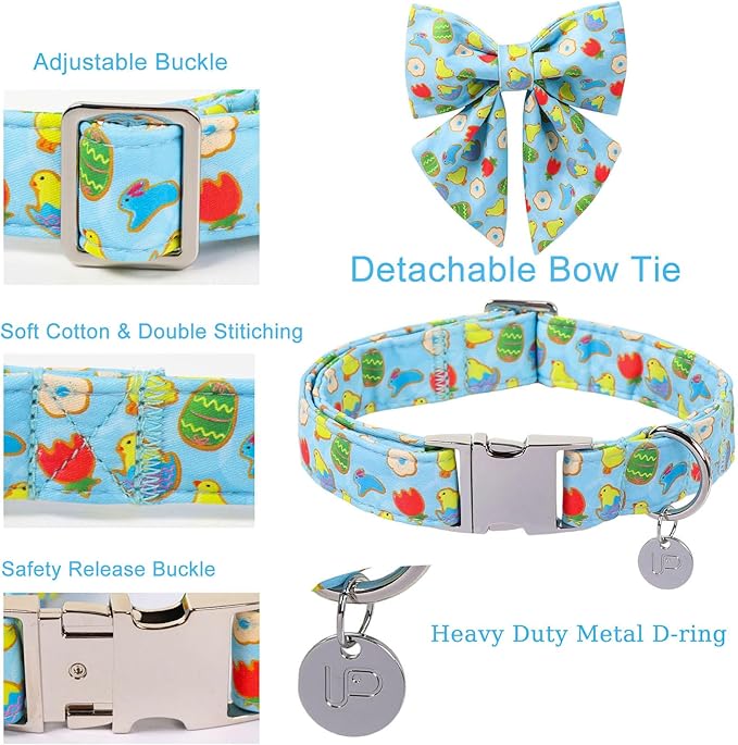 Easter Dog Collar with Bow Tie, Cotton Bunny Bowtie for Large Girl Boy Dog, Cute Rabbit Pet Collar with Metal Buckle, Gift, XL