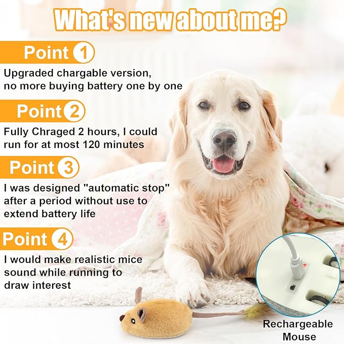 Mity rain Interactive Dog Toys, Fake Remote Control Dog Toy to Keep Them Busy, Dog Mouse Toy with Realistic Sound & Extended Tail, Automatic Dog Toy for Cats Dogs Pet, Squeaky Dog Toys Yellow