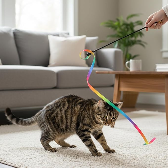 salbsever 5 PCS Cat Ribbon Toy, String Cat Toy, Interactive Colorful Teaser Wandstring with Rainbow Ribbon for Indoor Cats Exercise and Playtime