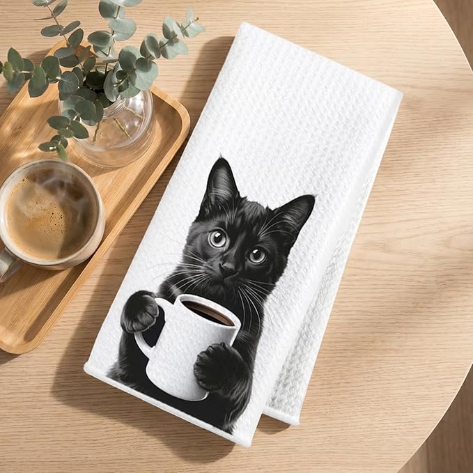 4 Pcs Funny Cat Kitchen Towels 24x14 Inch, Funny Reusable Dish Towels for Kitchen Coffee Station Wine Bar Decor, Waffle Weave Absorbent Hand Cloth Tea Towel, Cat Lover Gifts for Women Mom Friend