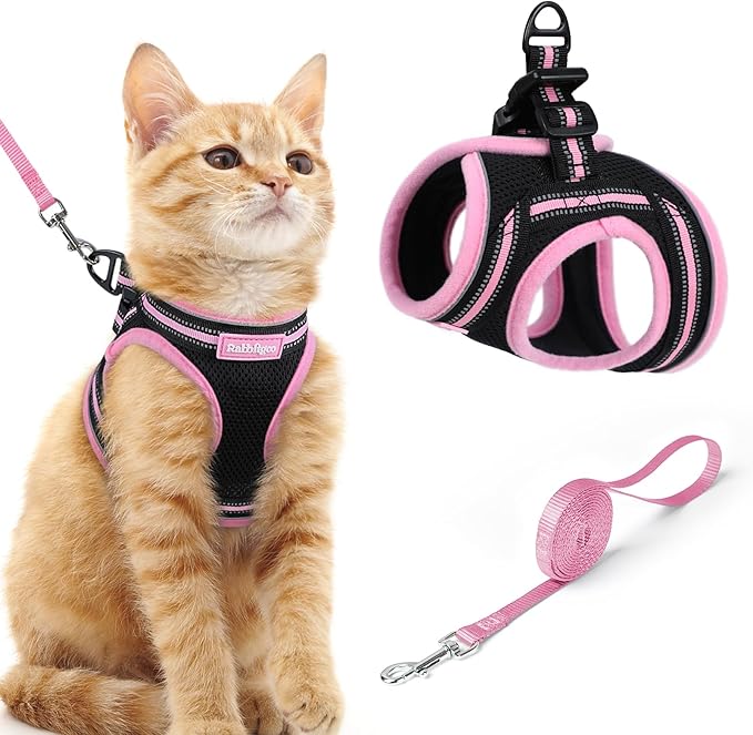rabbitgoo Cat Harness and Leash, Step-in Escape Proof Kitten Harness Set, Soft Comfortable Cat Vest, Easy to Wear and Adjust, Reflective for Safe Outdoor Walking, Black&Pink, Medium