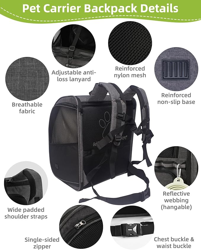 Cat Backpack Carrier with Breathable Mesh, Pet Carrier Backpack for Cats/Small Dogs, Dog Carrier Backpack, Great Ergonomic 3D Design for Travel/Hiking/Outdoor/Vet/Walk-Dark Grey
