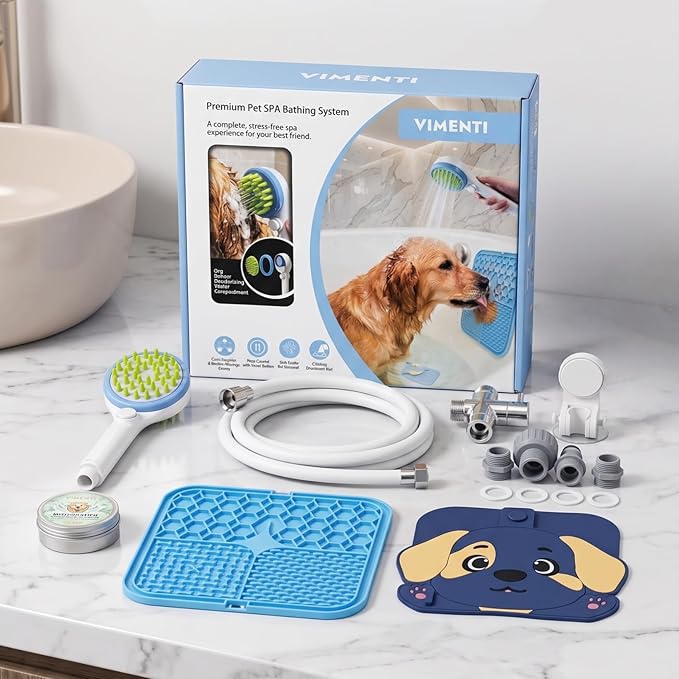 Dog Shower Sprayer Kit with Natural Odor-Eliminating Crystals, Pet Bathing Tool with Massage Brush, Easy ON/OFF Switch, 8.2ft Flexible Silicone Hose, Brass Diverter, Lick Mat & Clog-Free Drain