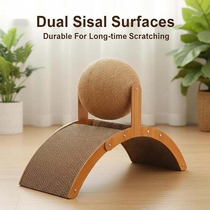 Cat Scratching Ball on Stand, Solid Wood Slanted Cat Scratching Board Design, 2-in-1 Interactive Cat Scratcher Toy with Arch Bridge and 360° Rotating Natural Sisal Ball for Indoor Cat Kittens (M)