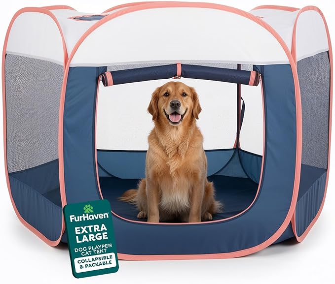 FurHaven Soft-Sided Dog & Cat Playpen, Portable Foldable Indoor & Outdoor Pet Playpen with Mesh Windows & Zippered Door, Navy, Extra Large