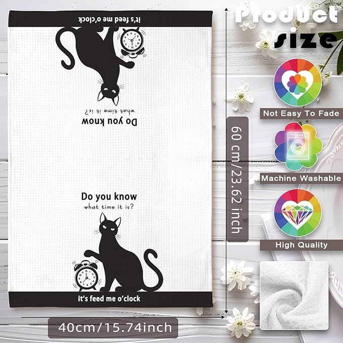 Cat Kitchen Towels - Funny Feeding Time Quick-Dry Implied Message Art Hand Towel, Decorative Dish Towel with Whimsical 'Meal O'Clock' Motif for Feline Ladies & Pet Parents | Crazy Cat Lady Gifts