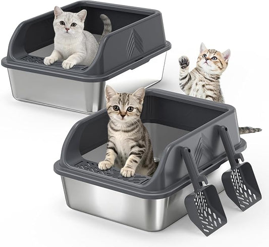 2 Pack Small Stainless Steel Litter Box with Lid for Kitten, Metal Cat Litter Boxes High Sided Enclosed for Injured Cats and Rabbit, Anti-Urine Leakage | Non-Stick Bottom & Includes Scoop