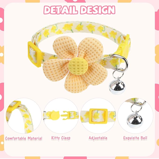 PUPTECK Cat Collar Breakaway with Bells, Kitten Collar Outfit Adjustable for Girl Boy Small Pet Puppy Bunny, Cute Costume Accessory with Safety Release Buckle (Sticker-Flowers)