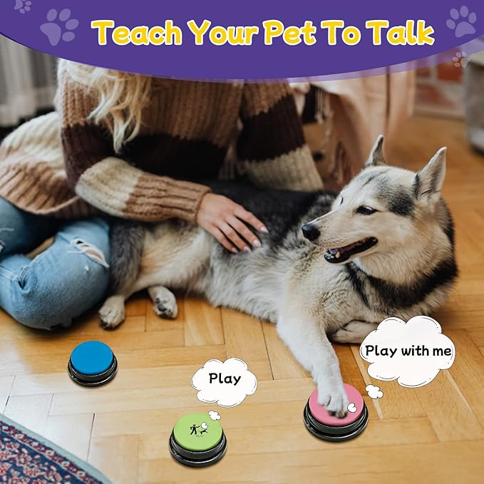 Dog Talking Buttons for Communication, 8 Color 30s Voice Recordable Training Buzzers with 50 Stickers, Multi-Use Pet Speech Buttons for Home/Office/Study, for Pet Owners