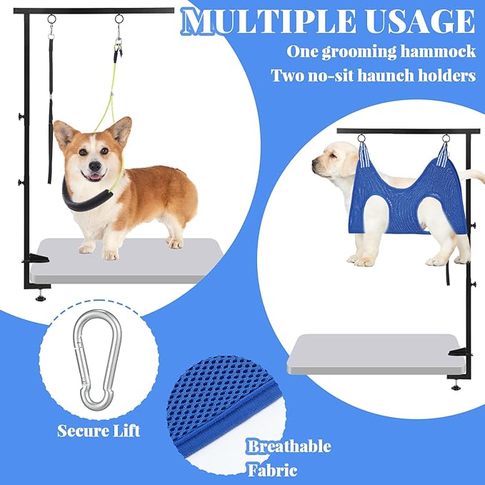 13 Pcs Adjustable Dog Grooming Arm with Clamps, Adjustable Height 27"-37", Pet Grooming Stand with Hammock and No-sit Haunch Holders, Ideal Set for Small & Medium Dogs at Home or Salons