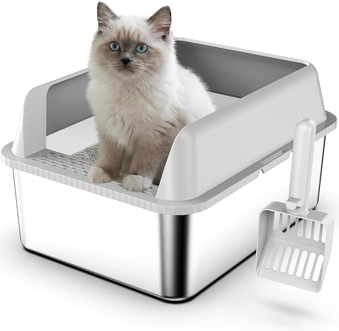 Suzzipaws 17.3"x13.4"x15" Stainless Steel Cat Litter Box with Lid, 6" High Kitty Litter Box for Kittens & Small Pets, Semi-Enclosed Metal Litter Box for Leak Proof, Easy-Clean Non-Stick, Odor Control