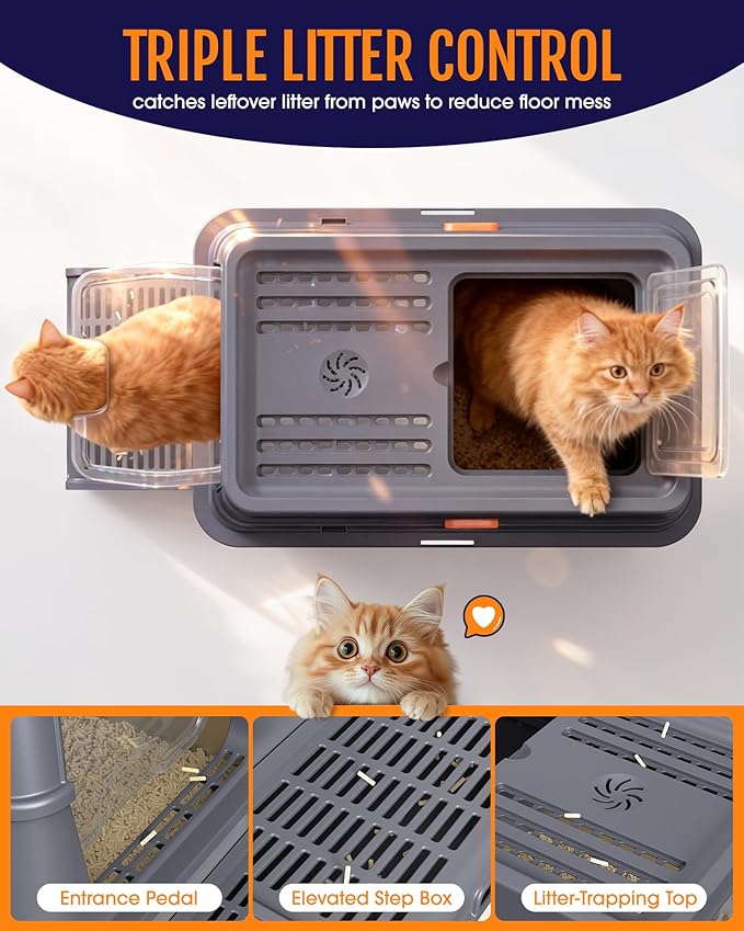 Powools Cat Litter Box - Stainless Steel Litter Box with Lid for Kitty, Metal Base Enclosed Cat Box with Litter Scoop, Elevated Step Box, Activated-Carbon Pack, 17.1" x 13.2" x 15", Grey