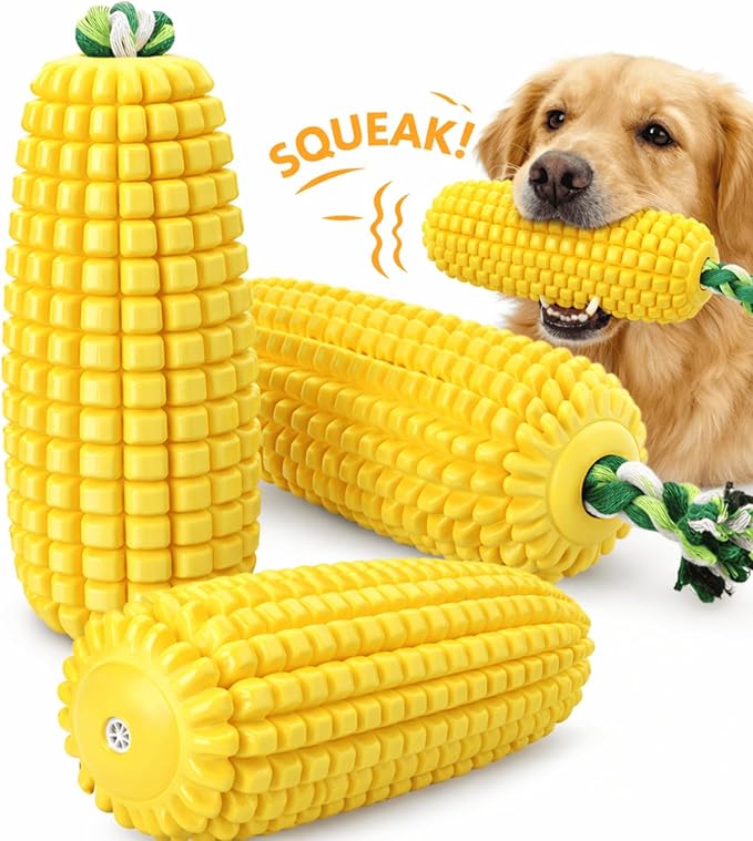 6.3 inch Corn Dog Toys for Aggressive Chewers, Durable Rubber Teething Toys for Puppies, Dog Toys to Keep Them Busy, Squeaky Dog Toy, Bite and Brush Dental Toy for Small Medium and Large Dogs