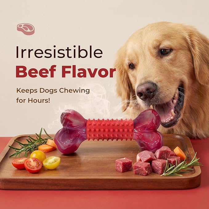 2-Pack Tough Dog Toys for Aggressive Chewers: Beef Flavored Long Lasting Dog Bones for Large Dogs, Heavy Duty Nylon & Rubber Dog Chew Toys to Keep Them Busy, Medium & Large Breed, Red
