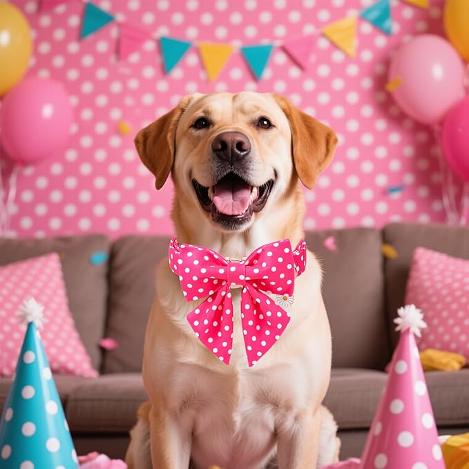 Pink Dog Collar for Girl Dogs, Spring Summer Pink Dots Dog Collar with Bowtie- Adjustable Female Sailor Bow Dog Collar for Medium Dogs M