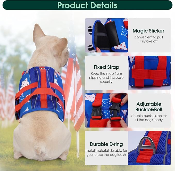Kuoser Dog Life Jacket High Flotation, American Flag Dogs Life Vest for Swimming Boating, 4th of July Dog Lifejacket with Reflective & Rescue Handle, Adjustable Doggy Life Preserver for Small Dogs, XS