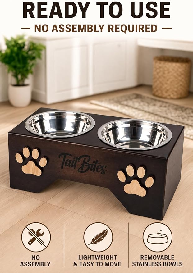 Raised Dog Bowls for Medium Sized Dogs – Wooden Elevated Dog Feeder Stand with 2 Stainless Steel Bowls + Chew Treat (14” x 7” x 6”)