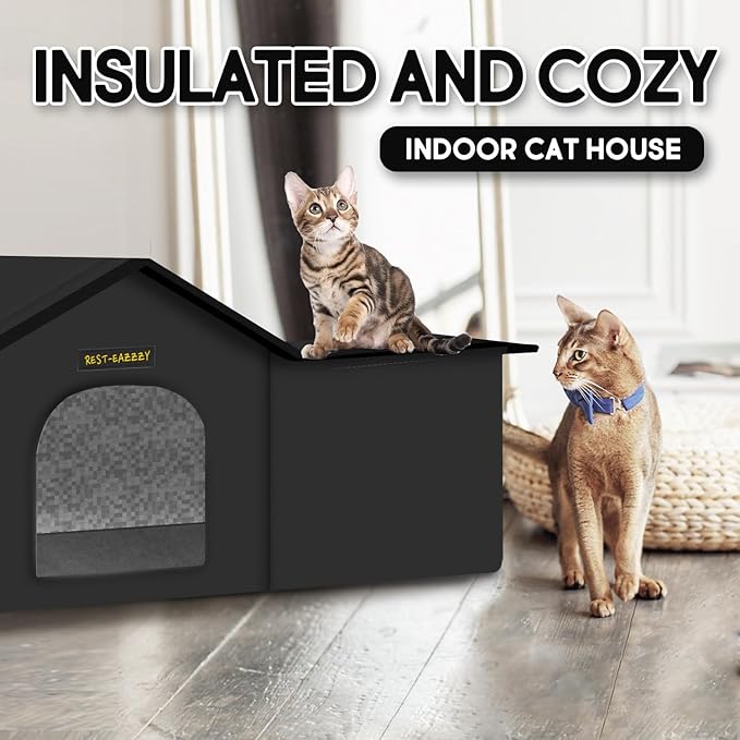 Rest-Eazzzy Cat House for Outdoor Cats, Weatherproof and Insulated Feral Cat House with Mat and Clip, Easy to Put Together, Selfwarming Cat Shelter for Summer (Black, Waterproof House-L)