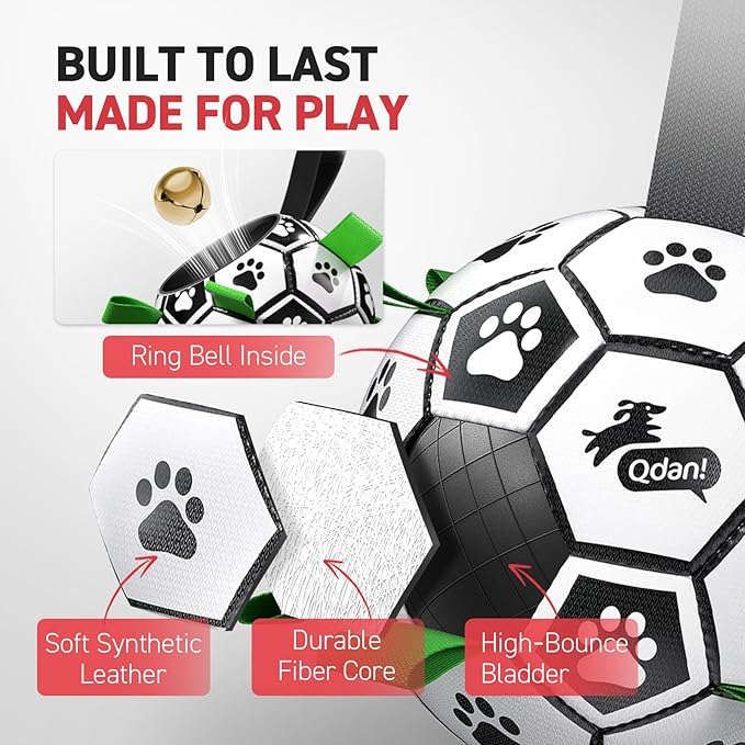 QDAN Dog Soccer Balls Toy with Bell Inside, Outdoor Interactive Dog Toys, Durable Ropes Squeaky Ball for Medium Large Dogs (8 Inch)