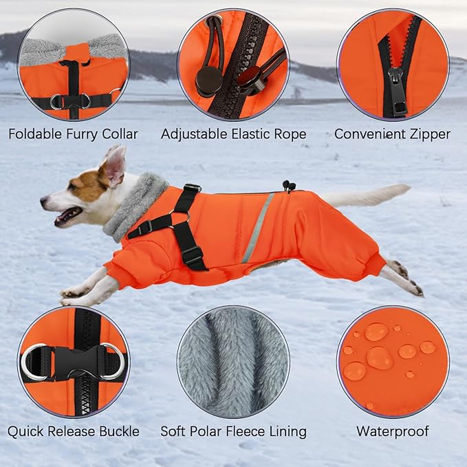 BRKURLEG Small Dog Winter Coat with Harness Built in, Orange Winter Dogs Jackets, Fullbody Dog Coat, Dogs Snowsuits Reflective Windproof Cold Weather Coats, Pet Warm Fleece Coats, XL