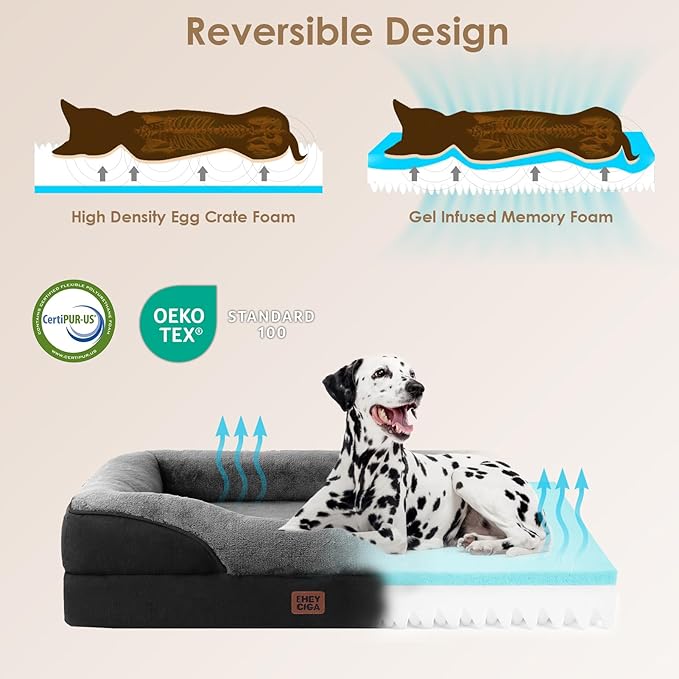 EHEYCIGA Orthopedic Dog Bed for Large Sized Dog, 41x27 Inch Large Memory Foam Dog Couch Bed with Sides, Waterproof Liner & Washable Removable Cover, Bolster Pet Sofa, Grey/Black