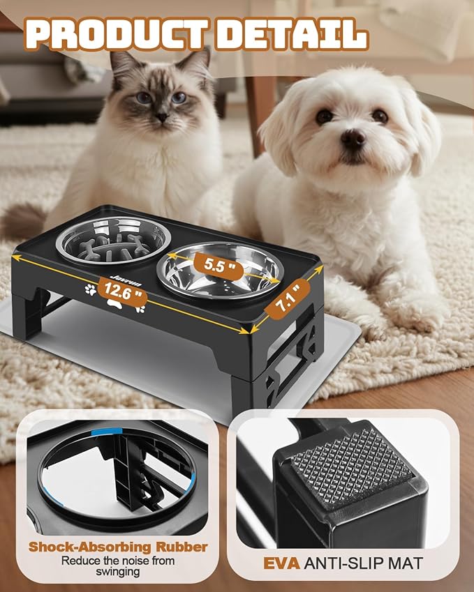 Jovrun Elevated Dog Bowls for Small Dogs and Cats with Mat, Non-Slip Cat Bowls with 1*Stainless Steel Dishes & 1*Slow Feeder Bowl, Dog Feeder 2 Heights Adjustable to 2.6"-5.3"