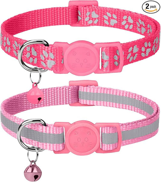 Taglory Kitten Collar Breakaway with Bell, Reflective Soft Cat Collar for Small Kittens, Adjustable 6-8 Inch High Visibility Night Strip, Lightweight for 2-6 Months Baby Cats, 2 Pack, Pink