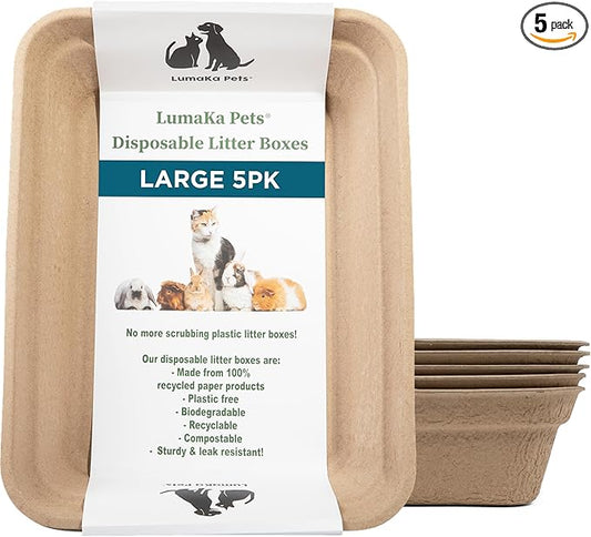 Disposable Cat Litter Box, 5-Pack (Large) – Extra Thick & Sturdy, Leak Resistant, No Scrubbing, Odor Resistant, Biodegradable Recycled Pulp – Multi-Location Coverage