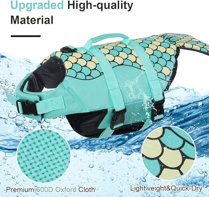 EMUST Dog Life Jacket Mermaid, Ripstop Dog Life Vests with Rescue Handle for Small Medium and Large Dogs, Pet Safety Swimsuit Preserver for Swimming Pool Beach Boating, (XS, Green)