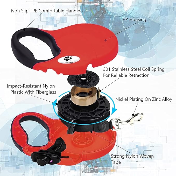 13 ft Retractable Dog Leash for Large Dogs up to 26 lbs,Tangle-Free Nylon Tape,Red S