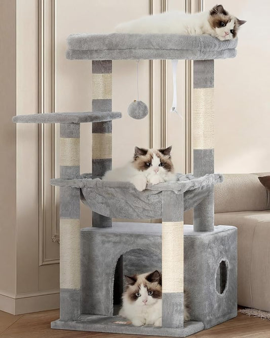 Heybly Cat Tree, Kitten Tower with Large Soft Cat Basket,Cat Condo with Spacious Cat Bed Cave with Hidden Space，Sisal-Covered Scratching Posts,Dangling Ball for Indoor Cats, Light Gray HCT008SW