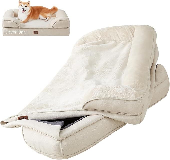 EHEYCIGA Dog Bed Cover Replacement for Large Sized Dog Bed, Waterproof Washable Removable Cover for Orthopedic Memory Foam Dog Sofa, Non-Slip Bottom, Beige, Cover Only