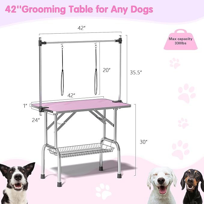Dog Grooming Table, Adjustable Large Pet Drying Desktop, Foldable Bathing Desk with Arms, Noose, Mesh Tray, Maximum Capacity Up to 330Lb, 42in, Pink