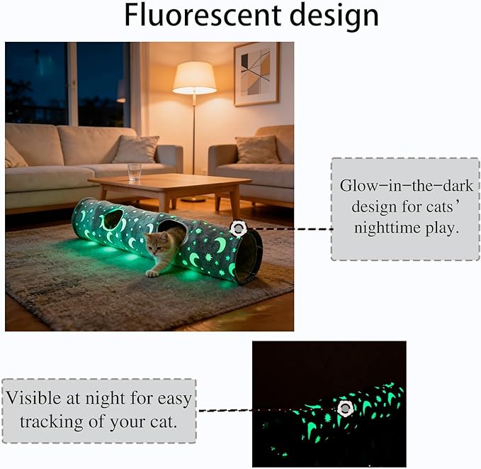 Glow-in-the-Dark Cat Tunnel for Indoor Cats Large Foldable Cat Play Tunnel with Hanging Ball 2 Peepholes Interactive Cat Toy for Kittens Pet Tunnel for Small Dogs Cat Tube for Indoor Cats