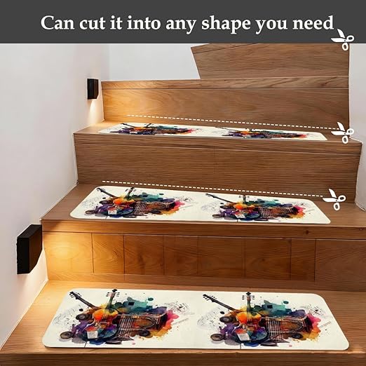 Colorful Musical Instrument Violin Stair Treads for Wooden Steps Indoor Washable Staircase Carpet 15PCS 30"x7.8" Stair Step Treads Non-Slip Staircase Covers Peel Stick Safety Mat for Kids Elders Pets