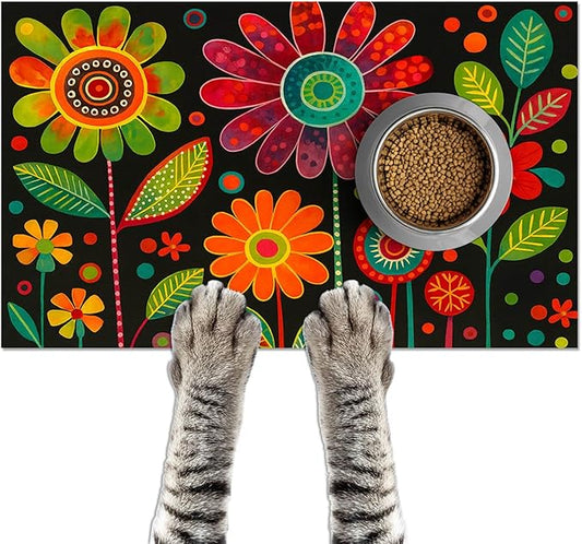 HOMETITUTE Vibrant Flower Pattern Pet Food Mat Spill-Proof Cat Feeding Mats Non-Slip Mat for Dog Food and Water Bowls Trendy Easy Clean Fast Dry Cat Food Mats for Indoor Cats 20" x 12"