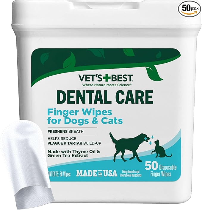Vet's Best Finger Dental Wipes for Dogs and Cats – Oral Care Wipes for Teeth Cleaning, Fresh Breath, and Tartar Control – Gentle Finger Pads for Pet Dental Hygiene and Plaque Removal – 50 Count