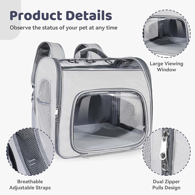 Cat Soft-Sided Carrier Backpack, Breathable Mesh Foldable Pet Travel Carrier with Reinforced Support, Portable Puppy Carrying for Kitty Up to 15lbs (Grey)