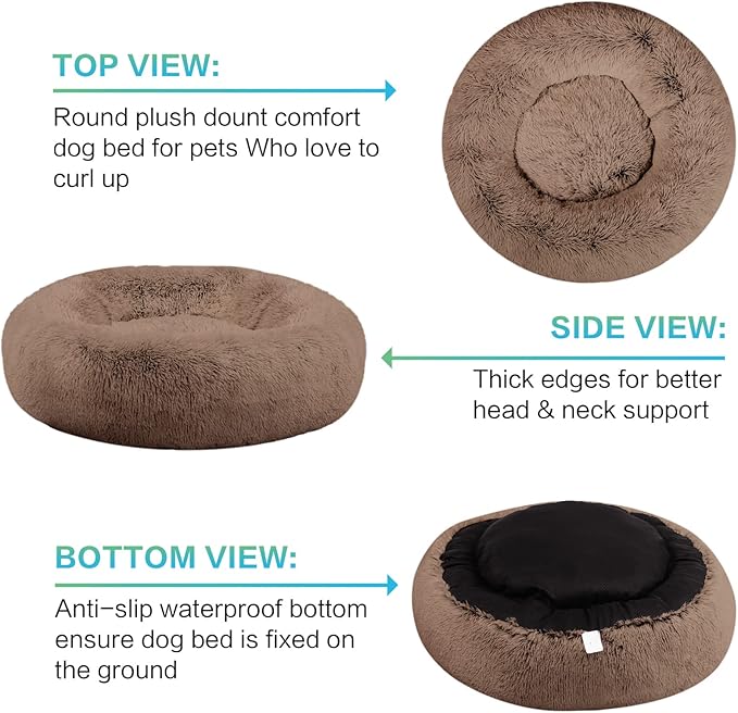 SAVFOX 23 inches Calming Donut Dog Bed - 3X Durable Plush Faux Fur, Machine Washable & Non-Slip, Fits up to 25 lbs, Brown