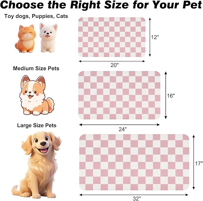 CooRug Checkered Dog Food Mat, Absorbent Leak-Proof Pet Feeding Mat, Quick Dry Cat Food Mat for Messy Drinkers 12" x 20" Pink