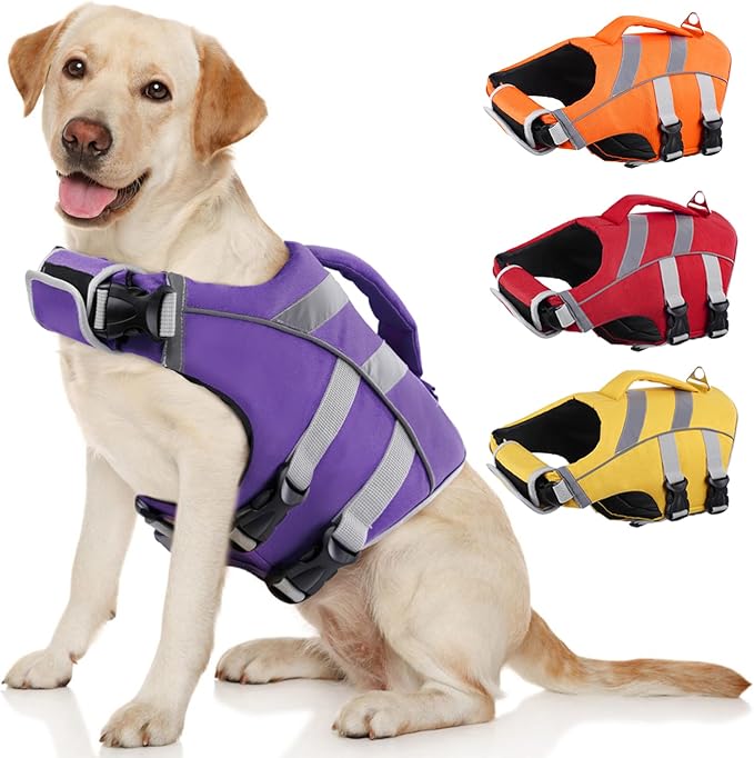 Kuoser Dog Life Jacket with Reflective Stripes, Dog Life Vest for Swimming Boating, Adjustable Pet Lifejackets with High Flotation, Doggie Swimsuit for Small Medium Large Dogs