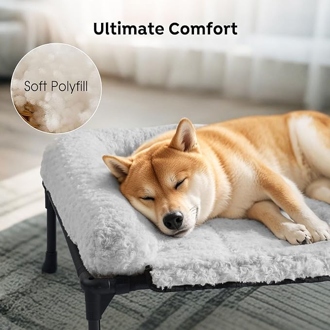 Veehoo Orthopedic Elevated Dog Bed Add Removable Deluxe Rose Plush Bolster Cushion Mat, 47" x 29" Washable Dog Couch Bed, Raised Pet Cot with Breathable Teslin Mesh, No-Slip Feet, Grey, CWC2439B