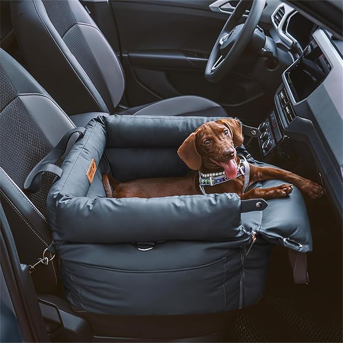 FUNNYFUZZY Luxury Dog Car Seat for Small Medium Dogs Under 35 lbs, Waterproof Leather Pet Booster Seat with Safety Leash & Anti-Slip Base, Fully Padded Dog Car Bed, Portable Puppy Carrier(Navy Blue)