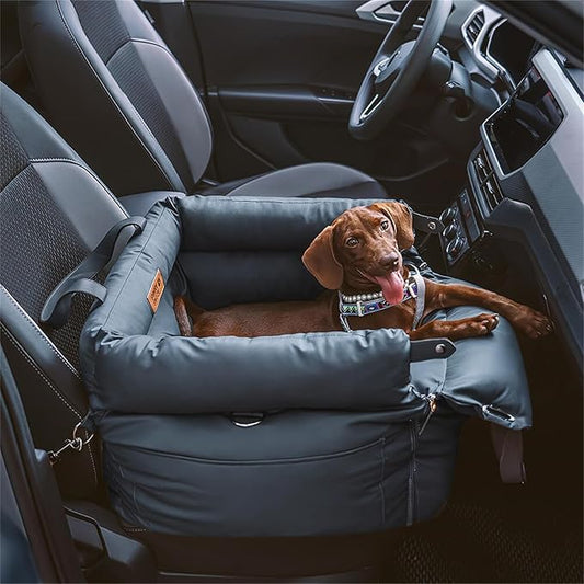 FUNNYFUZZY Luxury Dog Car Seat for Small Medium Dogs Under 35 lbs, Waterproof Leather Pet Booster Seat with Safety Leash & Anti-Slip Base, Fully Padded Dog Car Bed, Portable Puppy Carrier(Navy Blue)